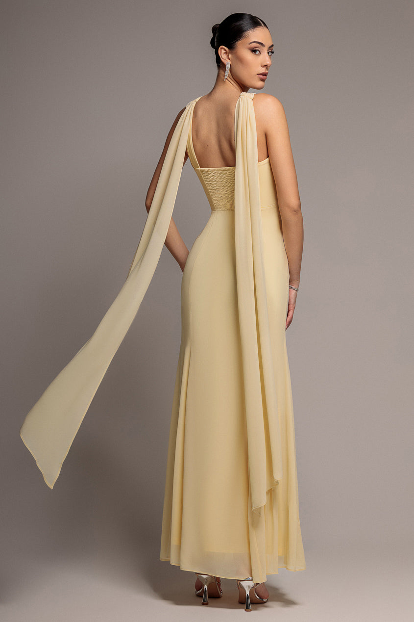 Goddiva Cross Front Scarf Back Chiffon Mermaid Maxi Dress - Butter Yellow