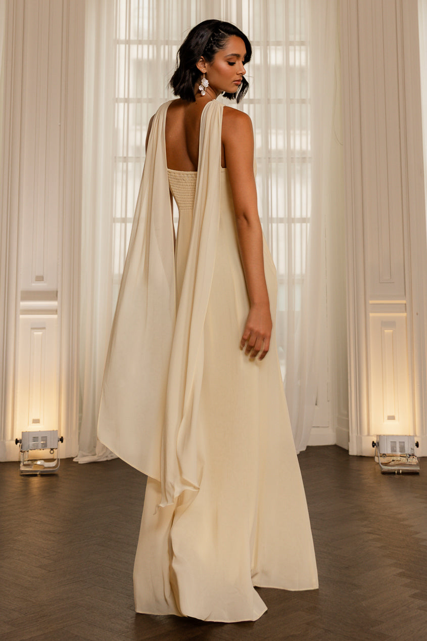 Goddiva Cross Front Scarf Back Chiffon Mermaid Maxi Dress - Butter Yellow