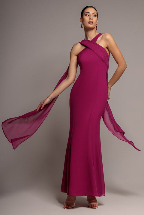Goddiva Cross Front Scarf Back Chiffon Mermaid Maxi Dress - Magenta