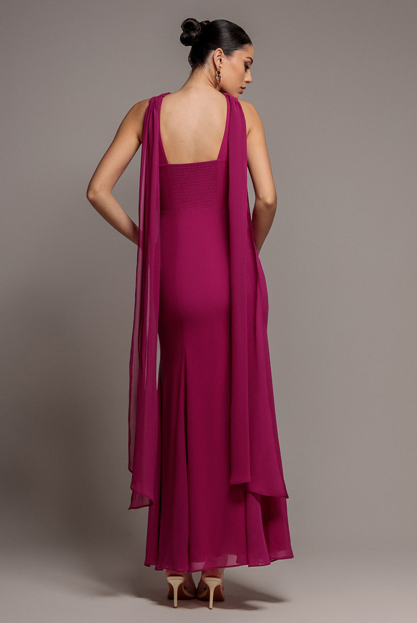 Goddiva Cross Front Scarf Back Chiffon Mermaid Maxi Dress - Magenta
