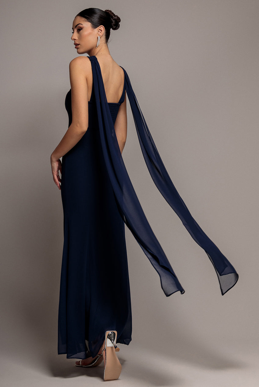 Goddiva Cross Front Scarf Back Chiffon Mermaid Maxi Dress - Navy Blue