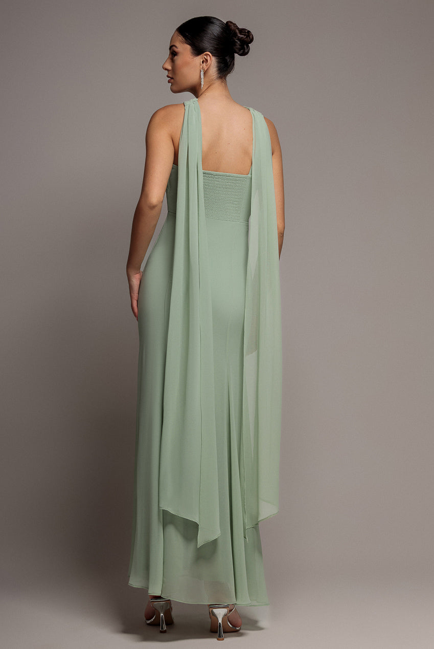 Goddiva Cross Front Scarf Back Chiffon Mermaid Maxi Dress - Sage Green