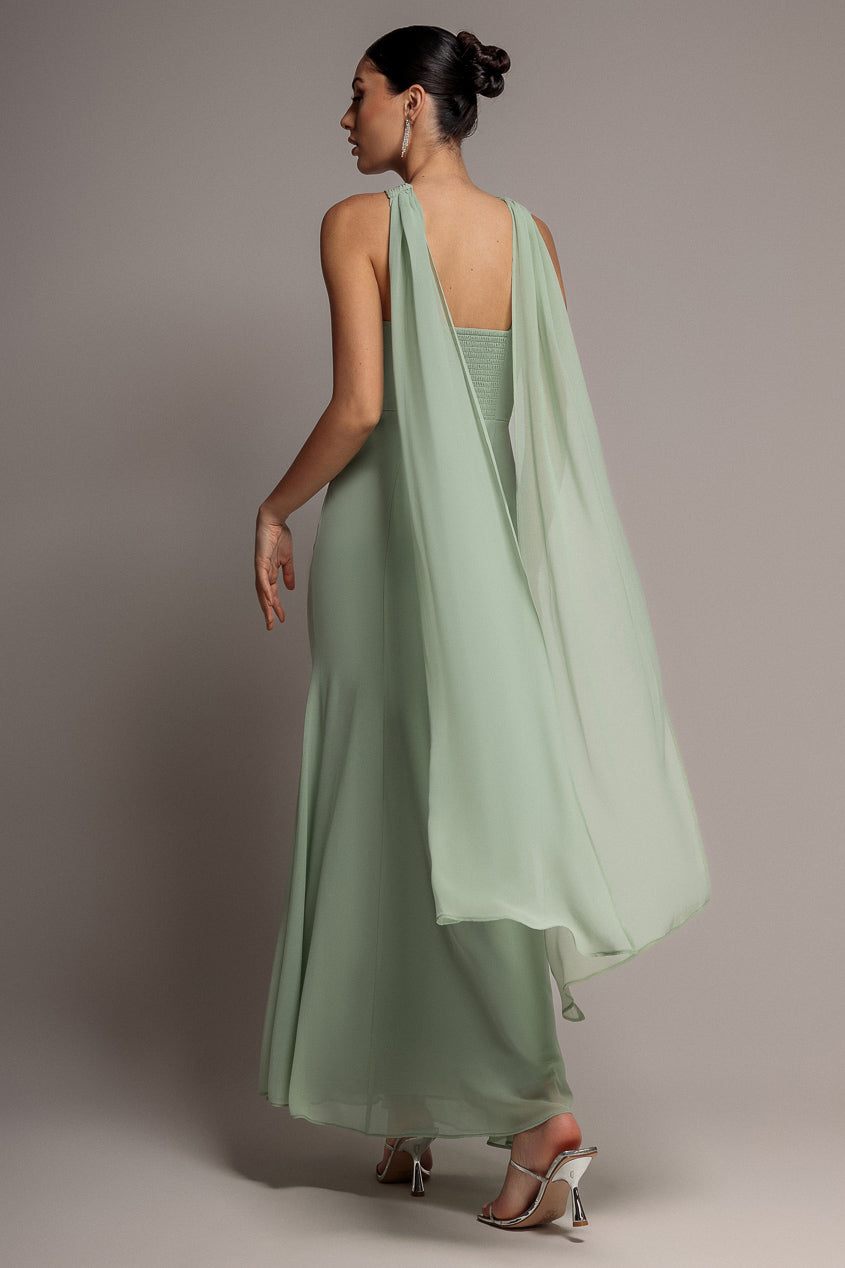 Goddiva Cross Front Scarf Back Chiffon Mermaid Maxi Dress - Sage Green