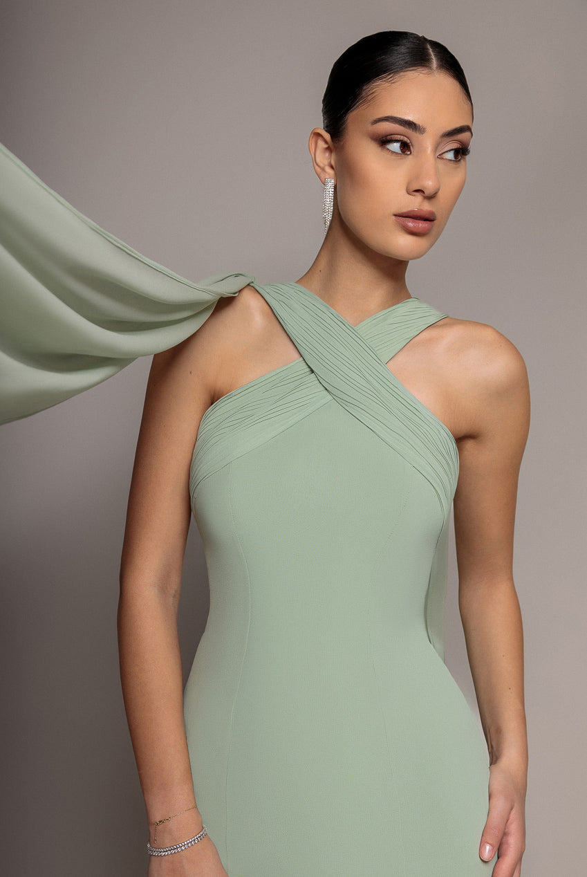 Goddiva Cross Front Scarf Back Chiffon Mermaid Maxi Dress - Sage Green