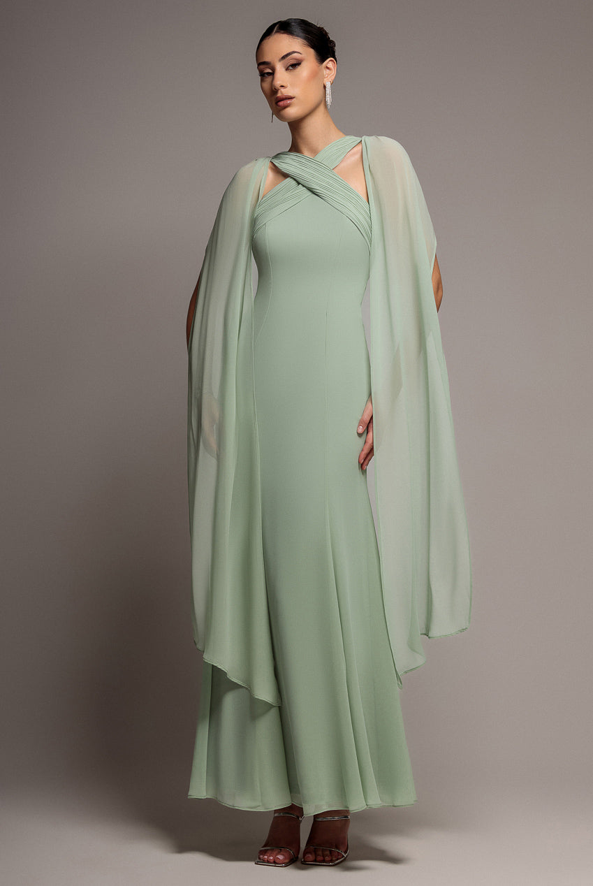 Goddiva Cross Front Scarf Back Chiffon Mermaid Maxi Dress - Sage Green