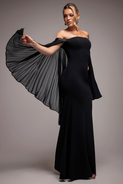 Goddiva Strapless Maxi Dress With Pleated Chiffon Cape - Black