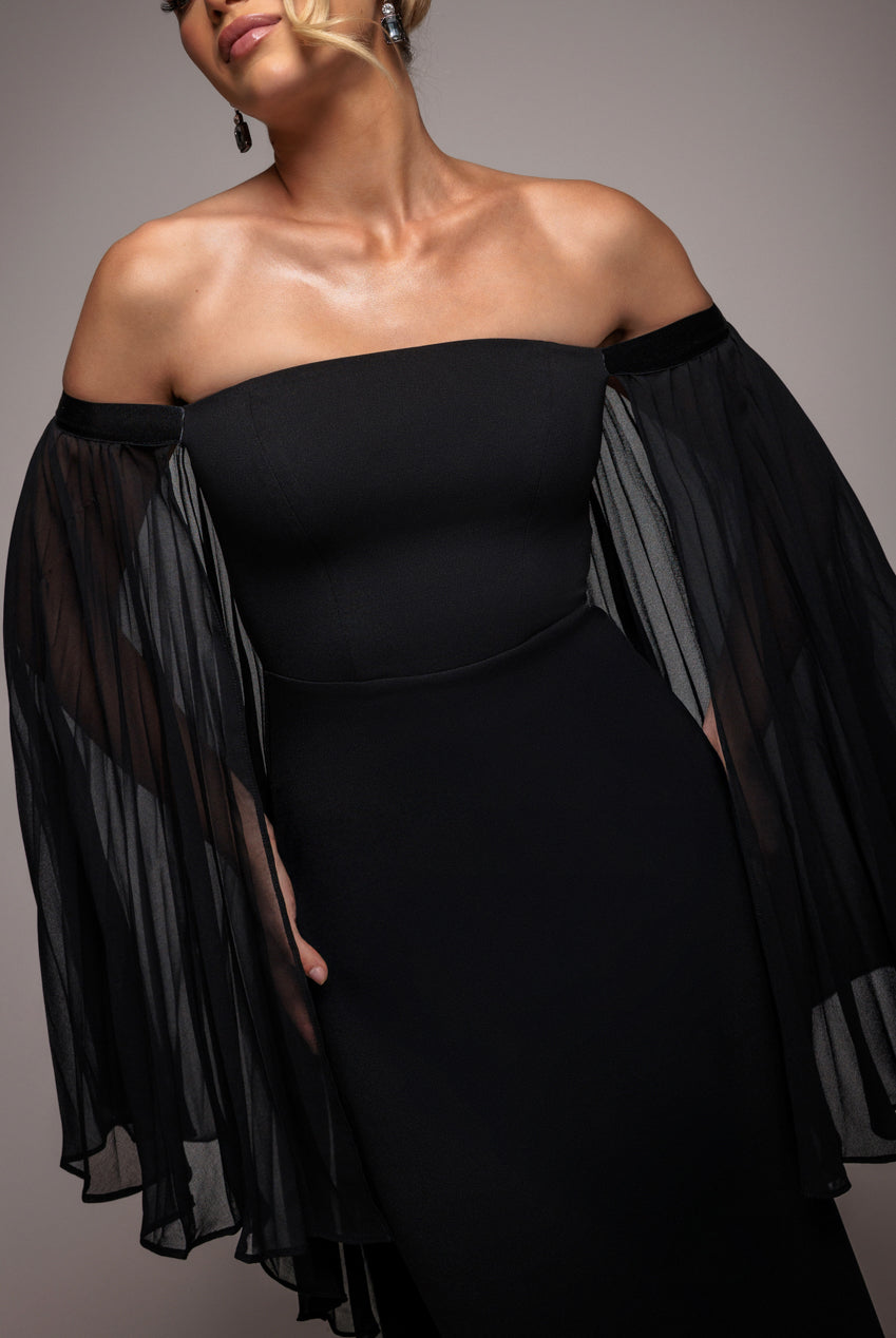 Goddiva Strapless Maxi Dress With Pleated Chiffon Cape - Black