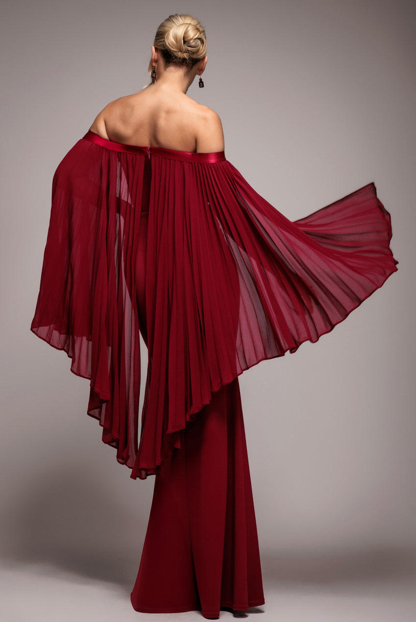 Goddiva Strapless Maxi Dress With Pleated Chiffon Cape - Burgundy