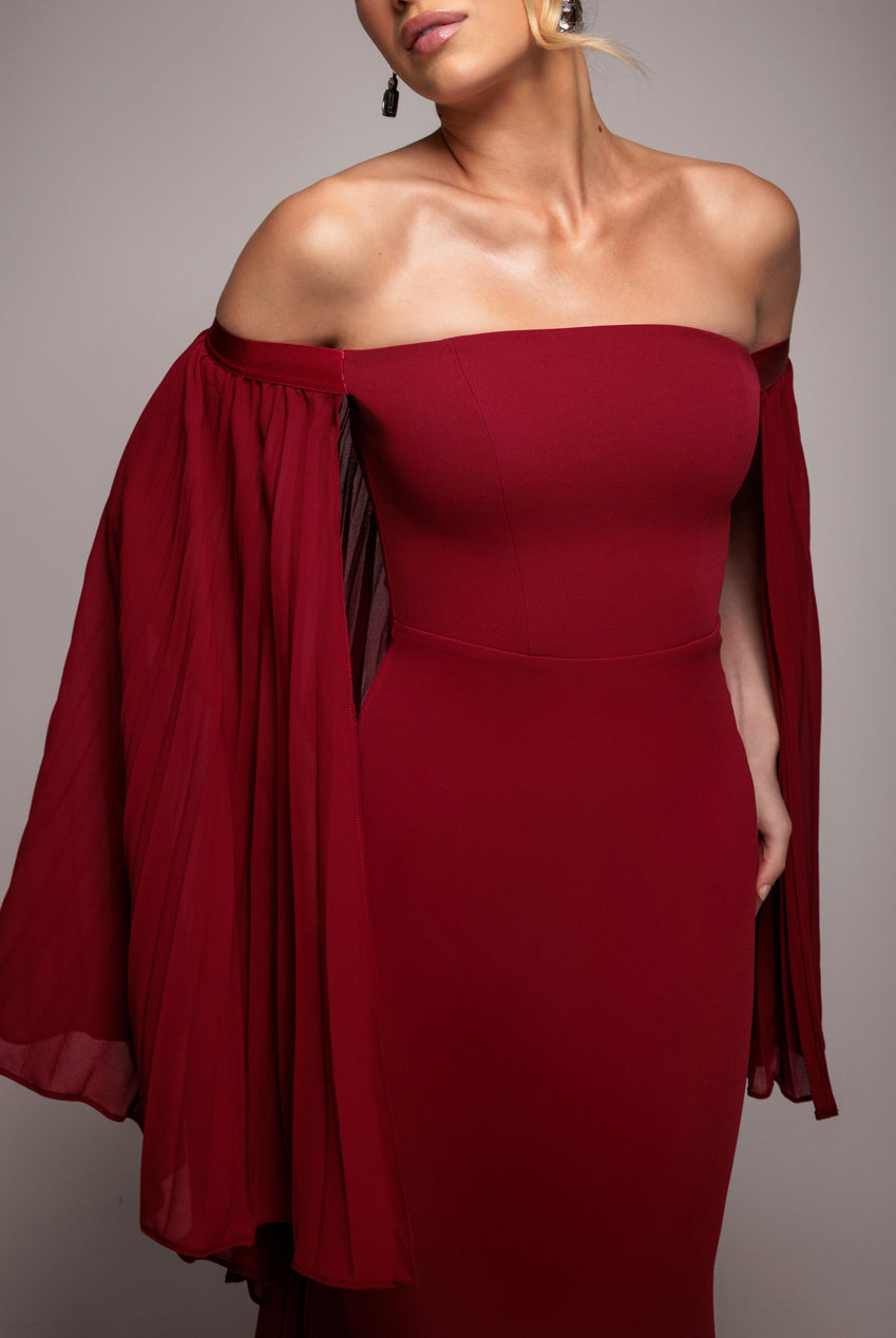 Goddiva Boob Tube Maxi Dress With Pleated Chiffon Cape - Burgundy