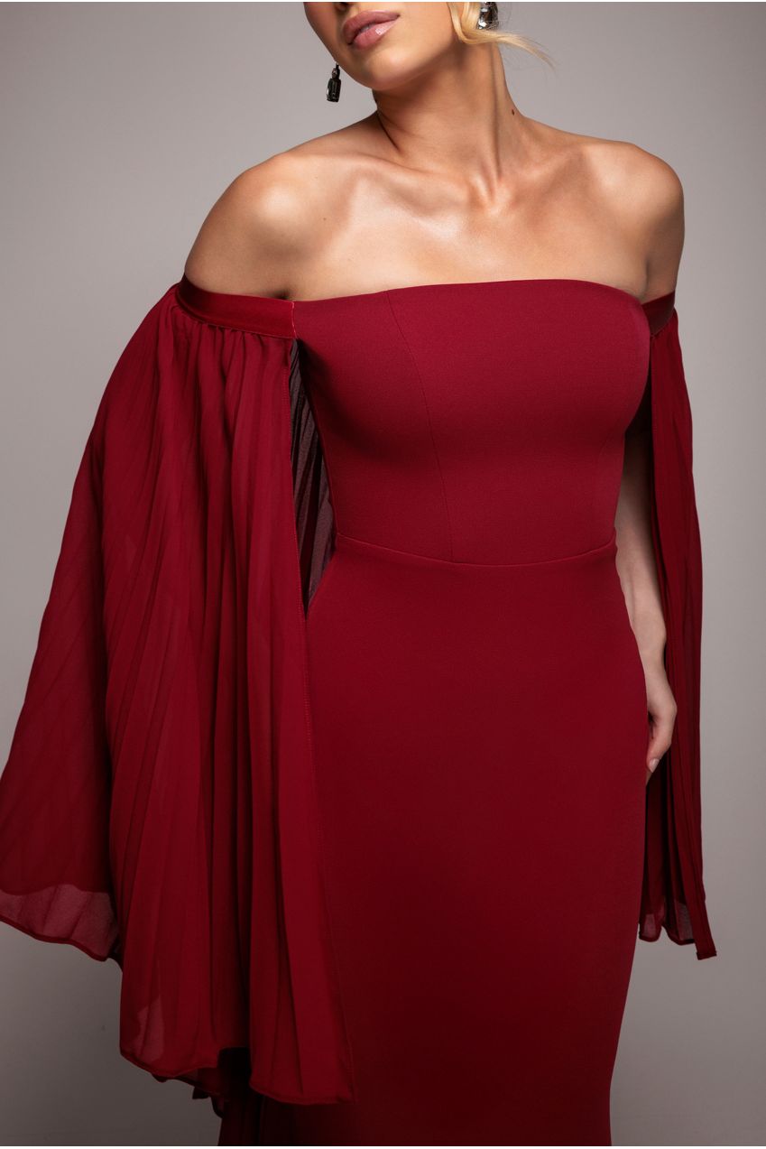 Goddiva Strapless Maxi Dress With Pleated Chiffon Cape - Burgundy