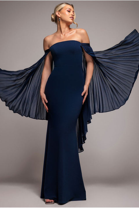 Goddiva Strapless Maxi Dress With Pleated Chiffon Cape - Navy Blue