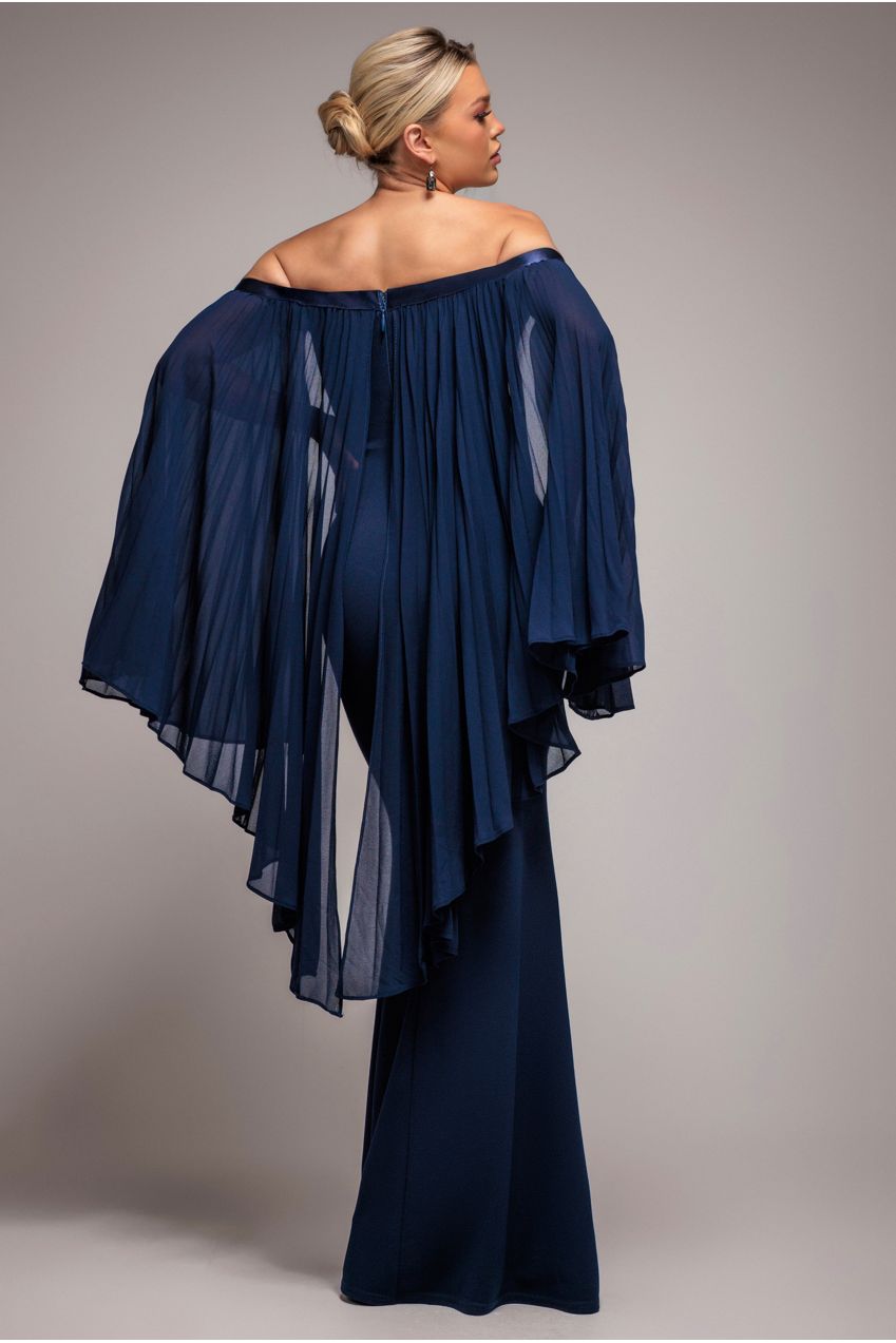 Goddiva Strapless Maxi Dress With Pleated Chiffon Cape - Navy Blue