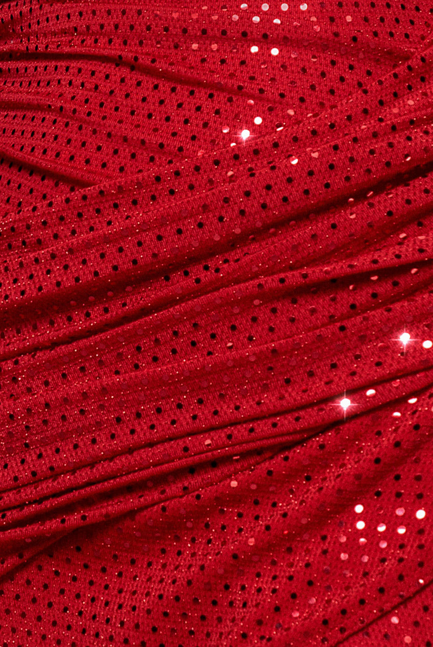 Goddiva Cowl Neck Sequin Glitter Draped Maxi Dress - Red
