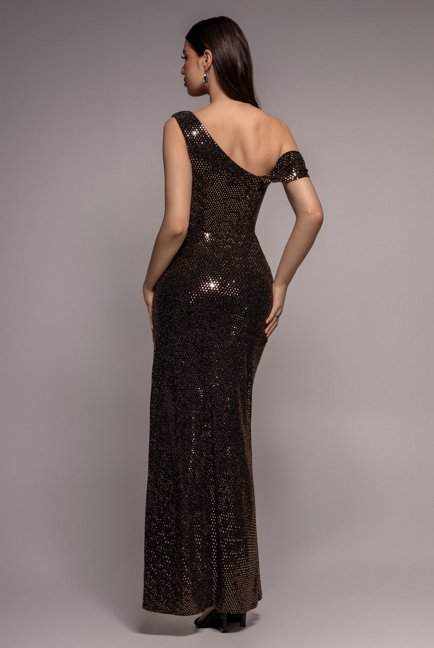 Goddiva Cowl Neck Sequin Glitter Draped Maxi Dress - Rose Gold