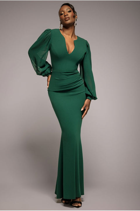 Goddiva Chiffon Cuffed Balloon Sleeve Scuba Maxi Dress - Emerald Green
