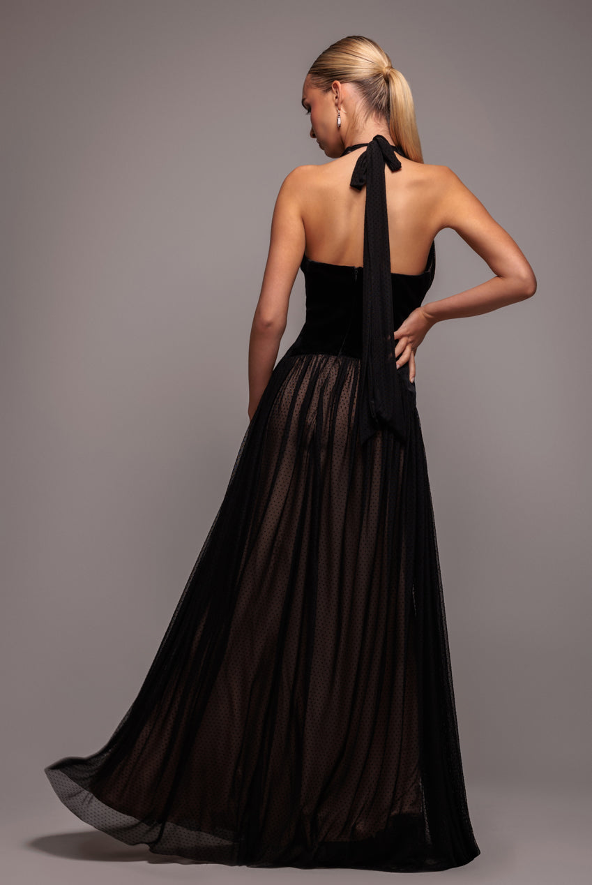 Goddiva Velvet And Dobby Mesh A Line Halter Maxi Dress - Black