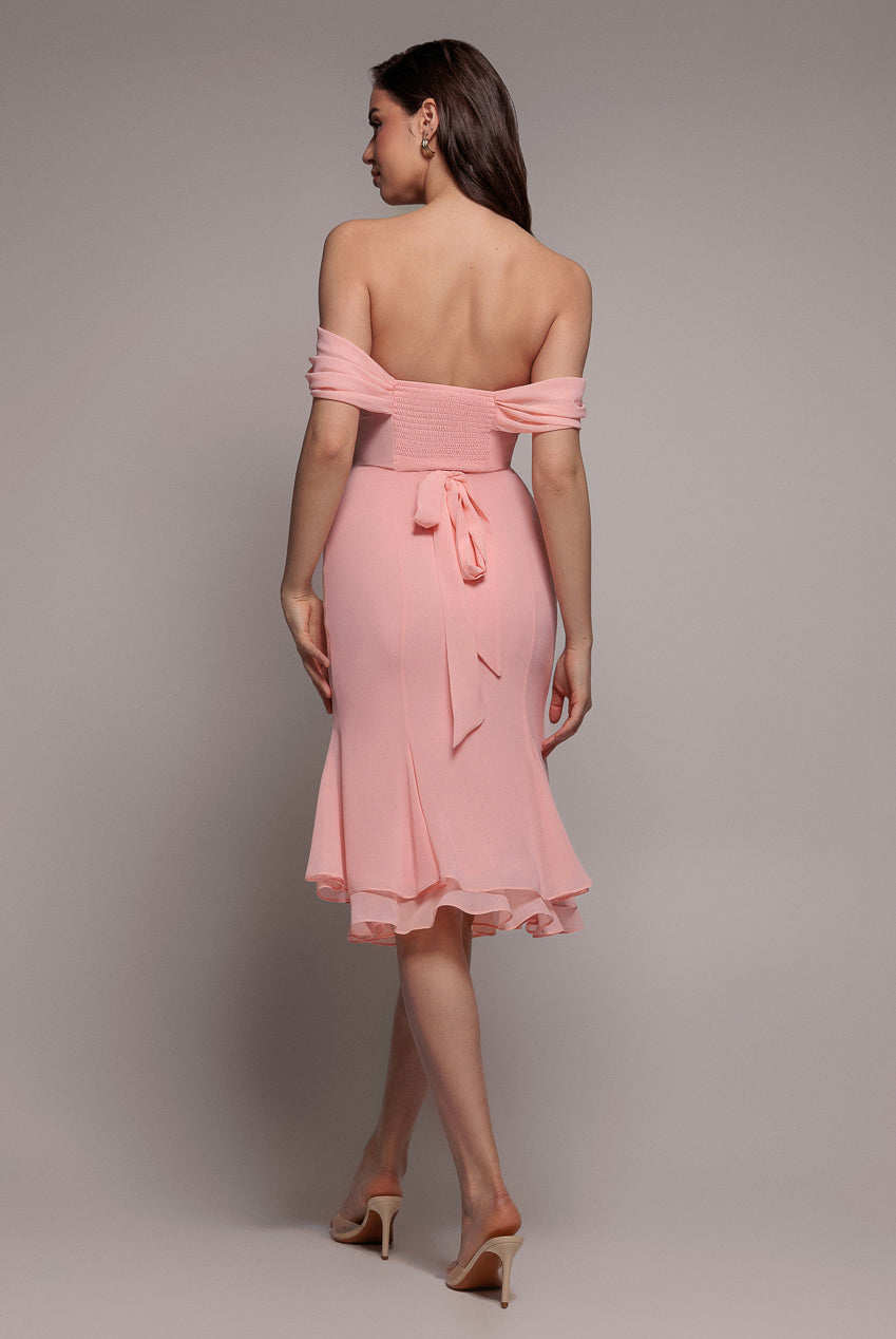 Goddiva Chiffon Cowl Off Shoulder Wing Tiered Midi Dress - Blush Pink