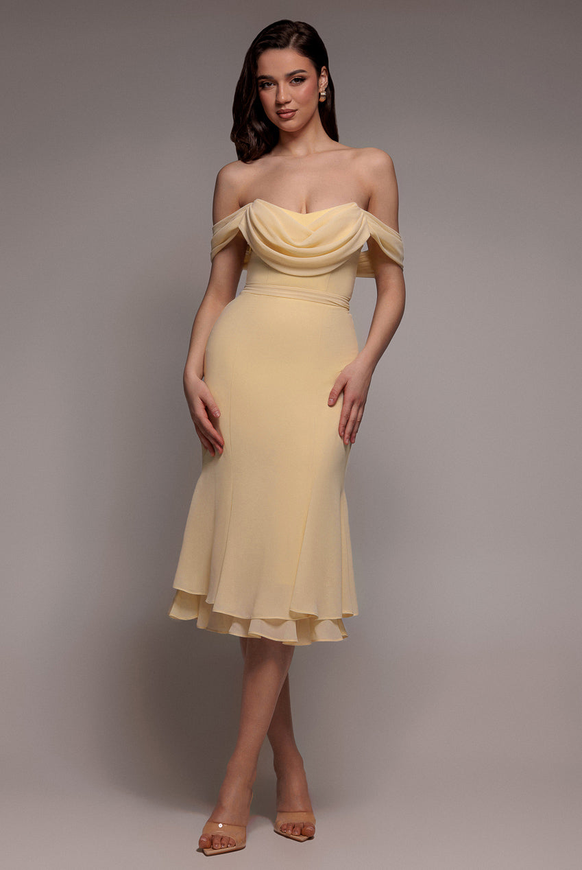 Goddiva Chiffon Cowl Off Shoulder Wing Tiered Midi Dress - Butter Yellow
