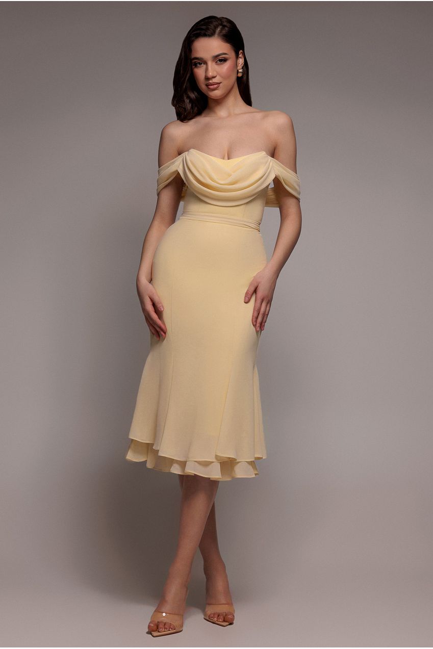 Goddiva Chiffon Cowl Off Shoulder Wing Tiered Midi Dress - Butter Yellow