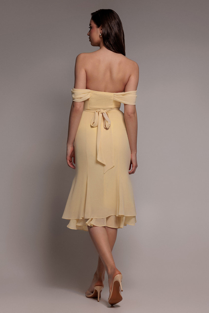 Goddiva Chiffon Cowl Off Shoulder Wing Tiered Midi Dress - Butter Yellow