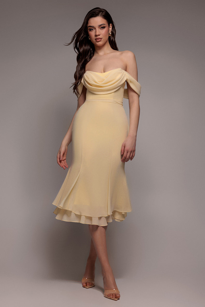 Goddiva Chiffon Cowl Off Shoulder Wing Tiered Midi Dress - Butter Yellow