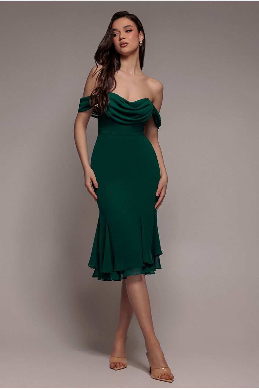 Goddiva Chiffon Cowl Off Shoulder Wing Tiered Midi Dress - Emerald Green