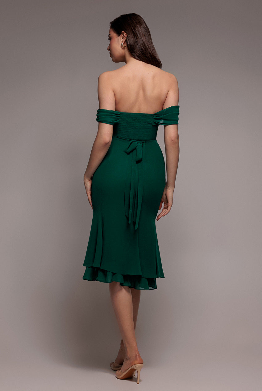 Goddiva Chiffon Cowl Off Shoulder Wing Tiered Midi Dress - Emerald Green