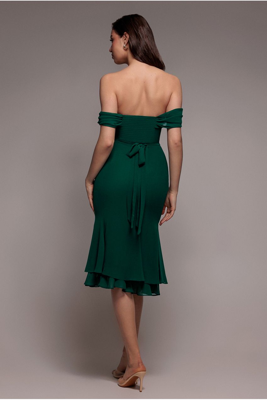 Goddiva Chiffon Cowl Off Shoulder Wing Tiered Midi Dress - Emerald Green