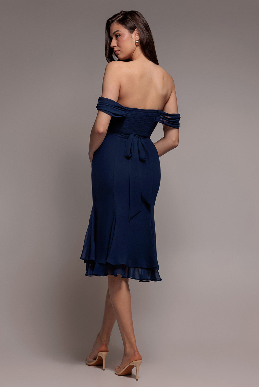Goddiva Chiffon Cowl Off Shoulder Wing Tiered Midi Dress - Navy Blue