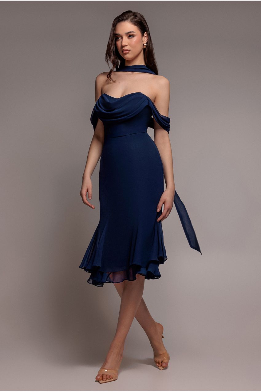 Goddiva Chiffon Cowl Off Shoulder Wing Tiered Midi Dress - Navy Blue