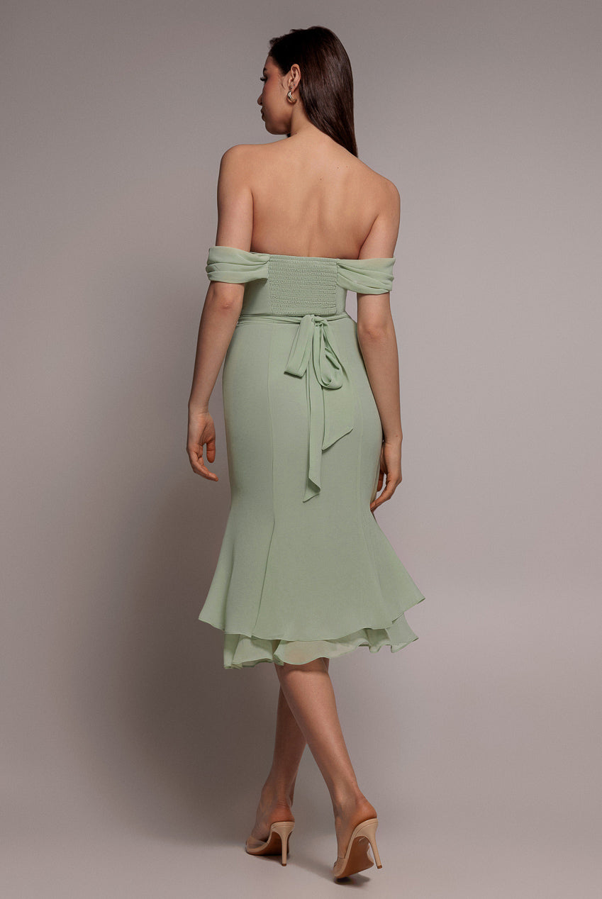 Goddiva Chiffon Cowl Off Shoulder Wing Tiered Midi Dress - Sage Green