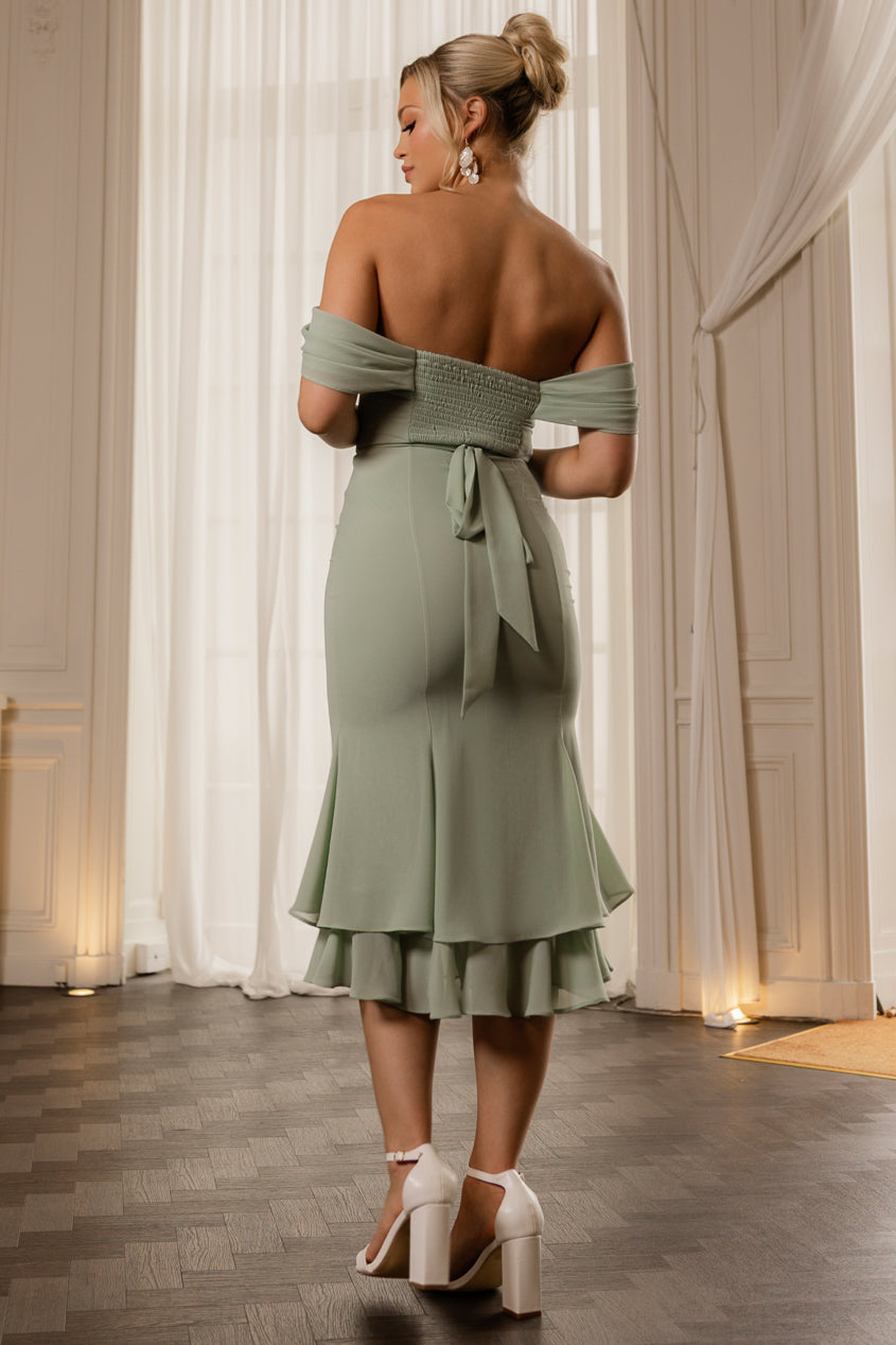 Goddiva Chiffon Cowl Off Shoulder Wing Tiered Midi Dress - Sage Green