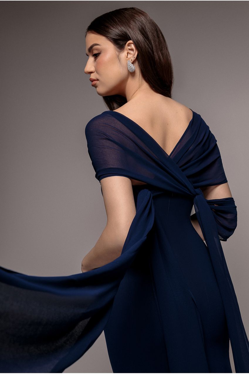 Goddiva Multiway Cape Chiffon Sweetheart Maxi Dress - Navy Blue
