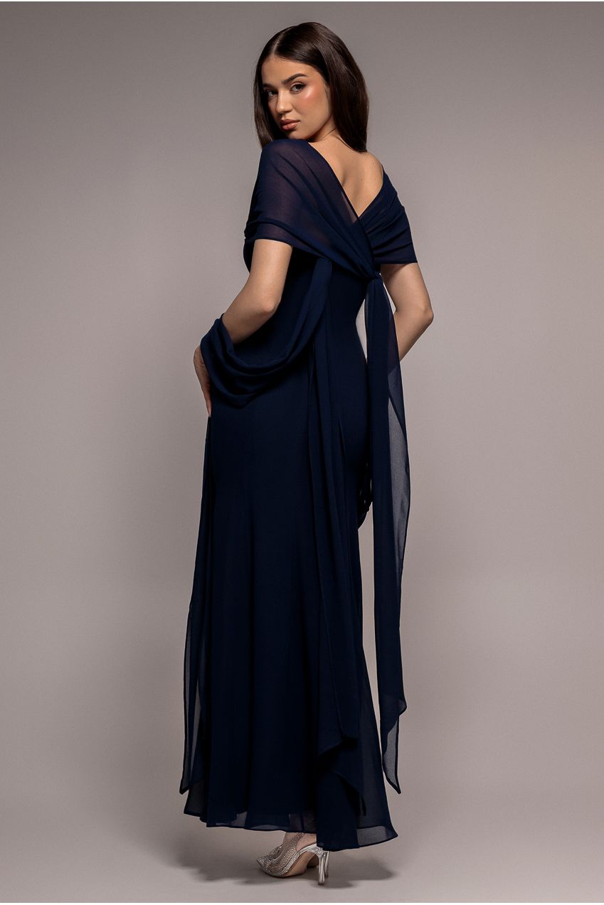 Goddiva Multiway Cape Chiffon Sweetheart Maxi Dress - Navy Blue