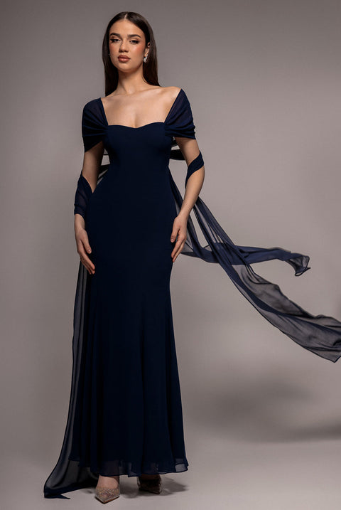 Goddiva Multiway Cape Chiffon Sweetheart Maxi Dress - Navy Blue