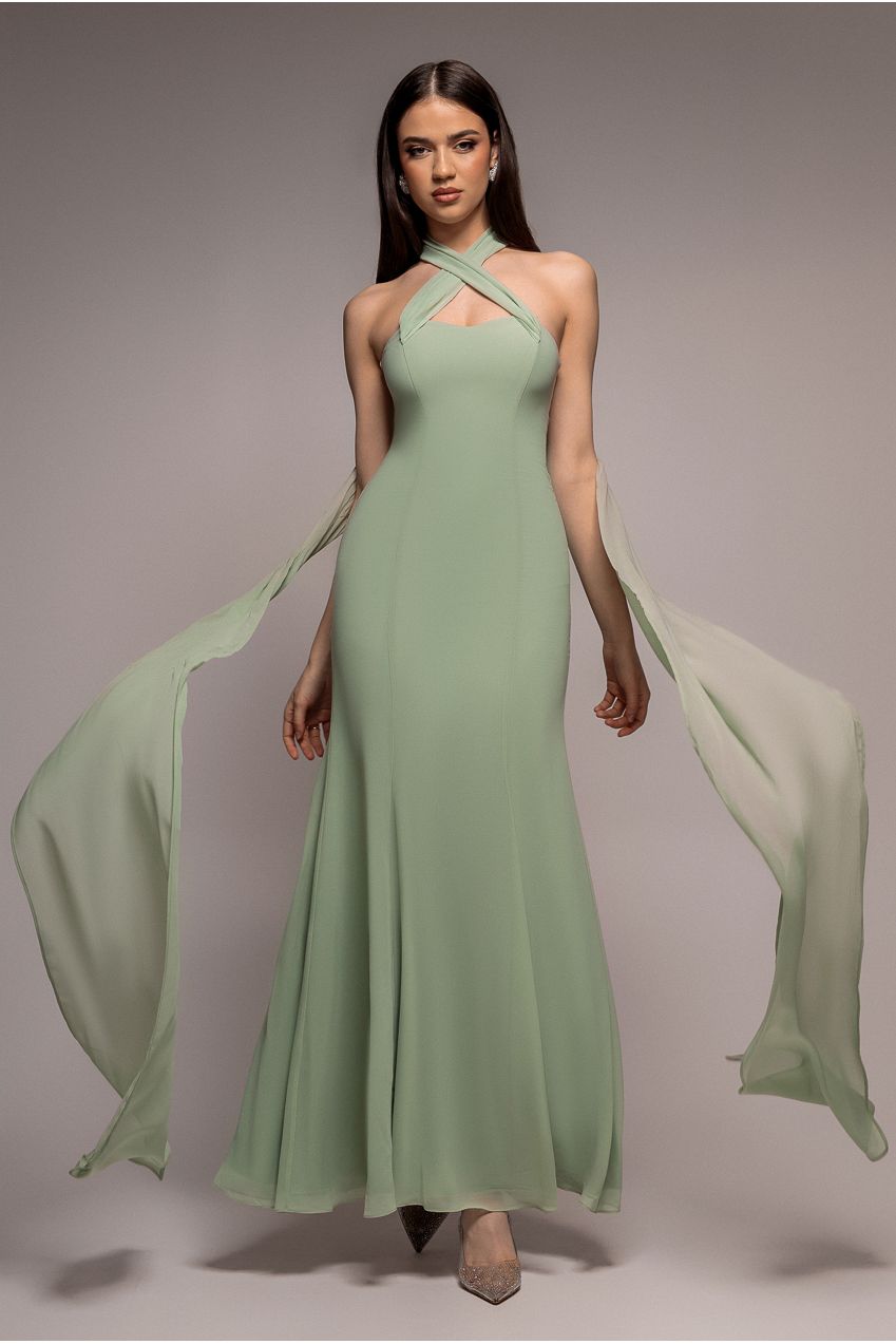 Goddiva Multiway Cape Chiffon Sweetheart Maxi Dress - Sage Green