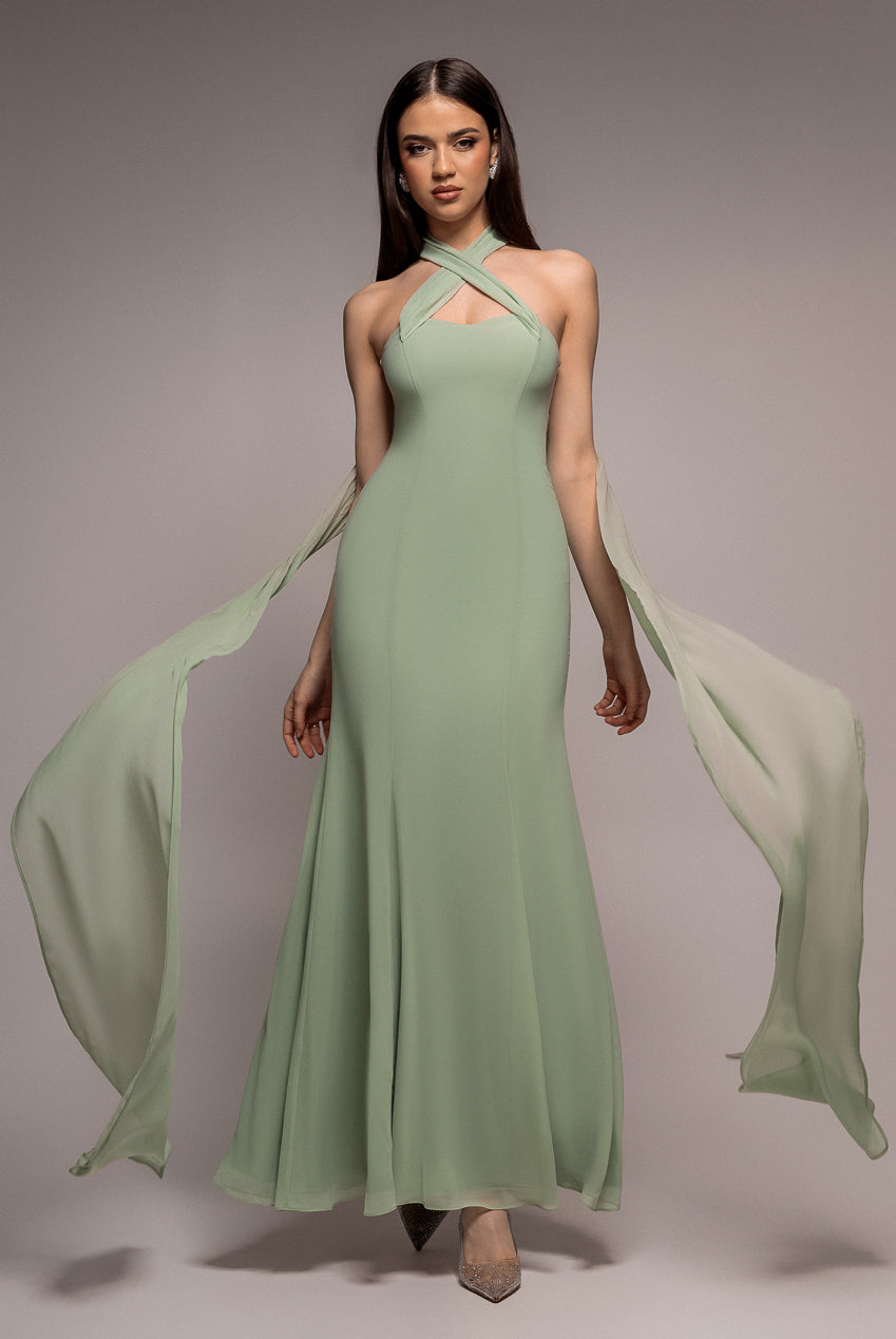 Goddiva Multiway Cape Chiffon Sweetheart Maxi Dress - Sage Green