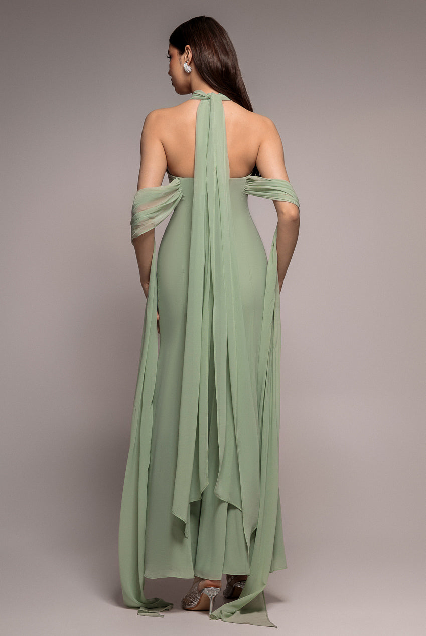 Goddiva Multiway Cape Chiffon Sweetheart Maxi Dress - Sage Green