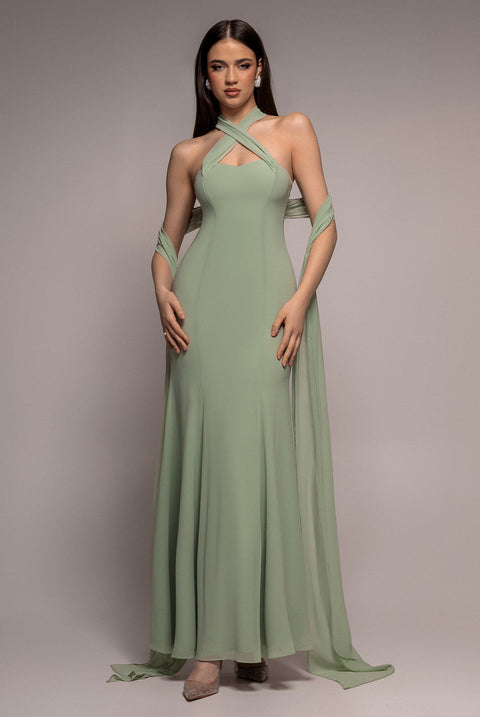Goddiva Multiway Cape Chiffon Sweetheart Maxi Dress - Sage Green