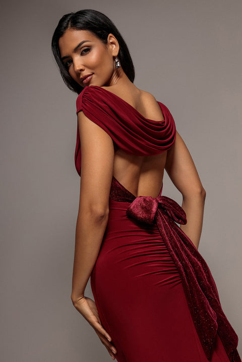 Goddiva Open Back Cowl Neck Gathered Maxi Dress With Velvet Tie Back - Wine