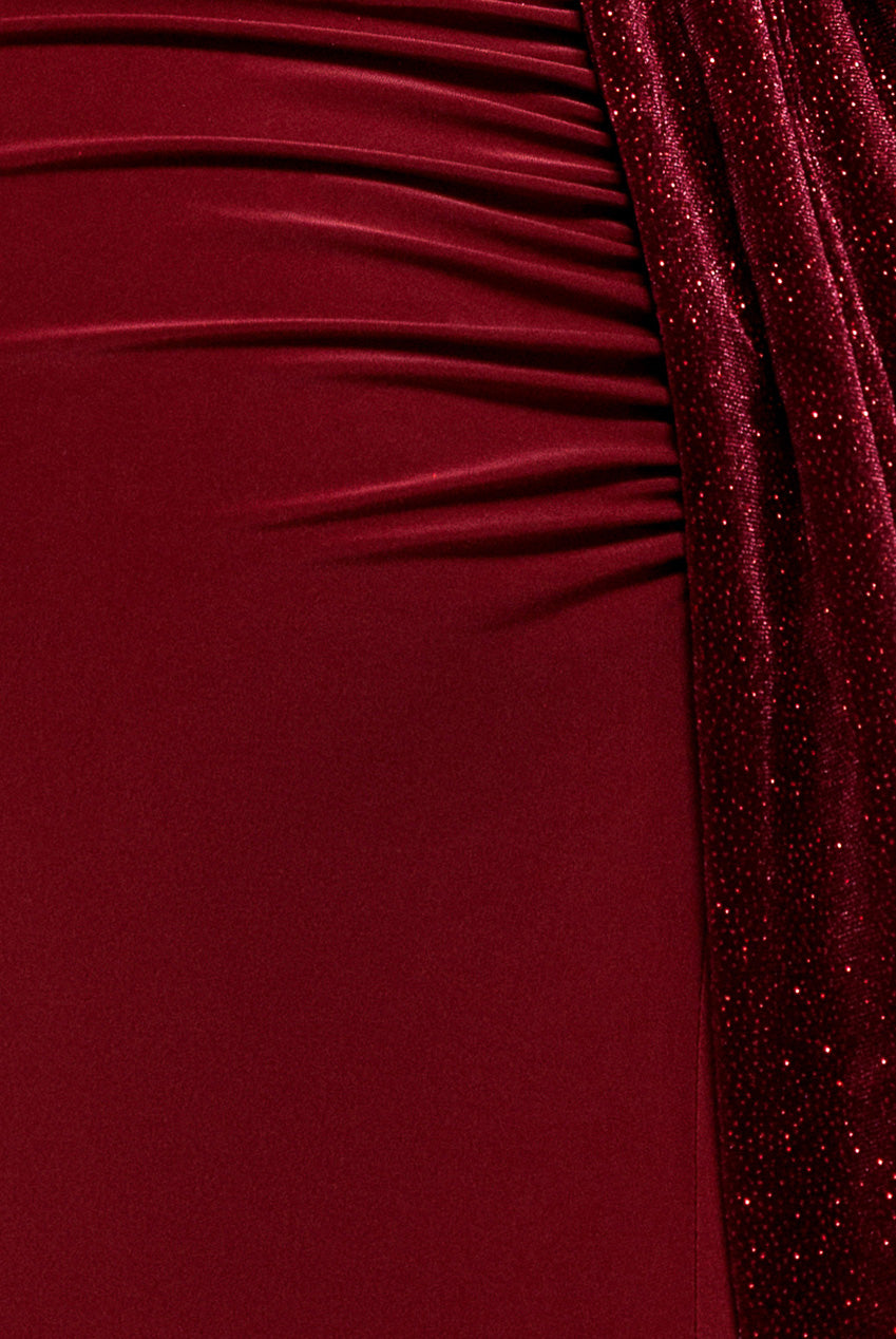 Goddiva Open Back Cowl Neck Gathered Maxi Dress With Velvet Tie Back - Wine