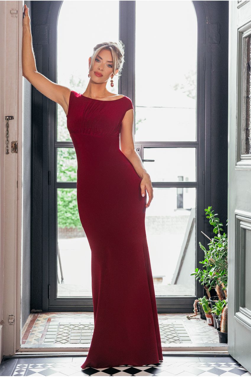 Goddiva Open Back Cowl Neck Gathered Maxi Dress With Velvet Tie Back - Wine