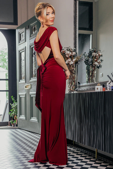 Goddiva Open Back Cowl Neck Gathered Maxi Dress With Velvet Tie Back - Wine