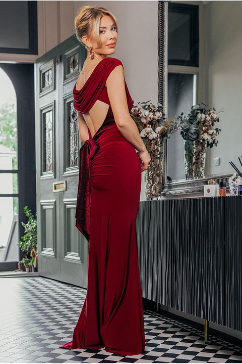 Goddiva Open Back Cowl Neck Gathered Maxi Dress With Velvet Tie Back - Wine