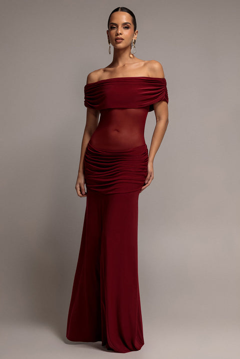 Goddiva Gathered Off The Shoulder Mesh Waist Panel Maxi Dress - Wine