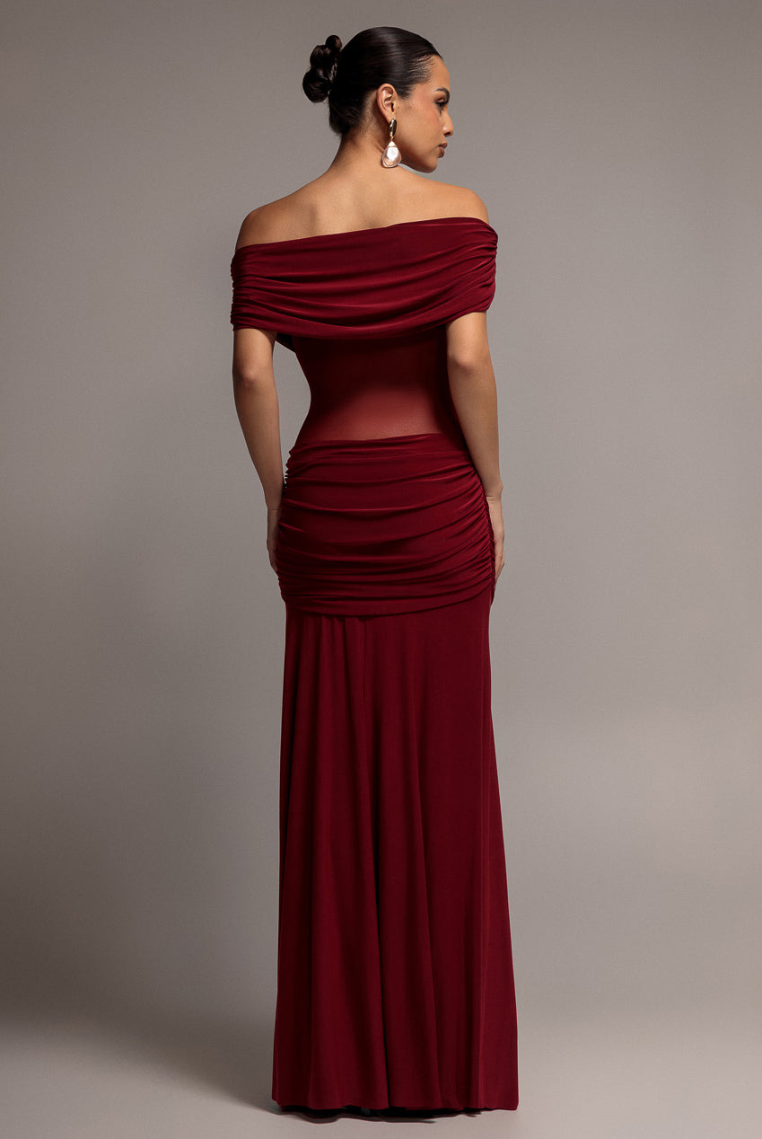 Goddiva Gathered Off The Shoulder Mesh Waist Panel Maxi Dress - Wine