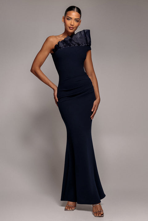 Goddiva One Shoulder Organza Frill Pleated Mermaid Maxi Dress - Navy Blue