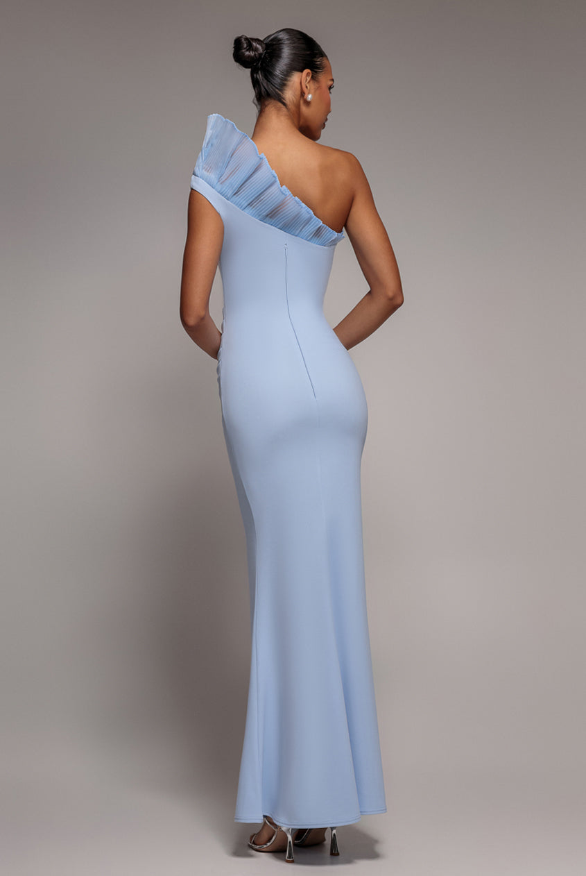 Goddiva One Shoulder Organza Frill Pleated Mermaid Maxi Dress - Powder Blue