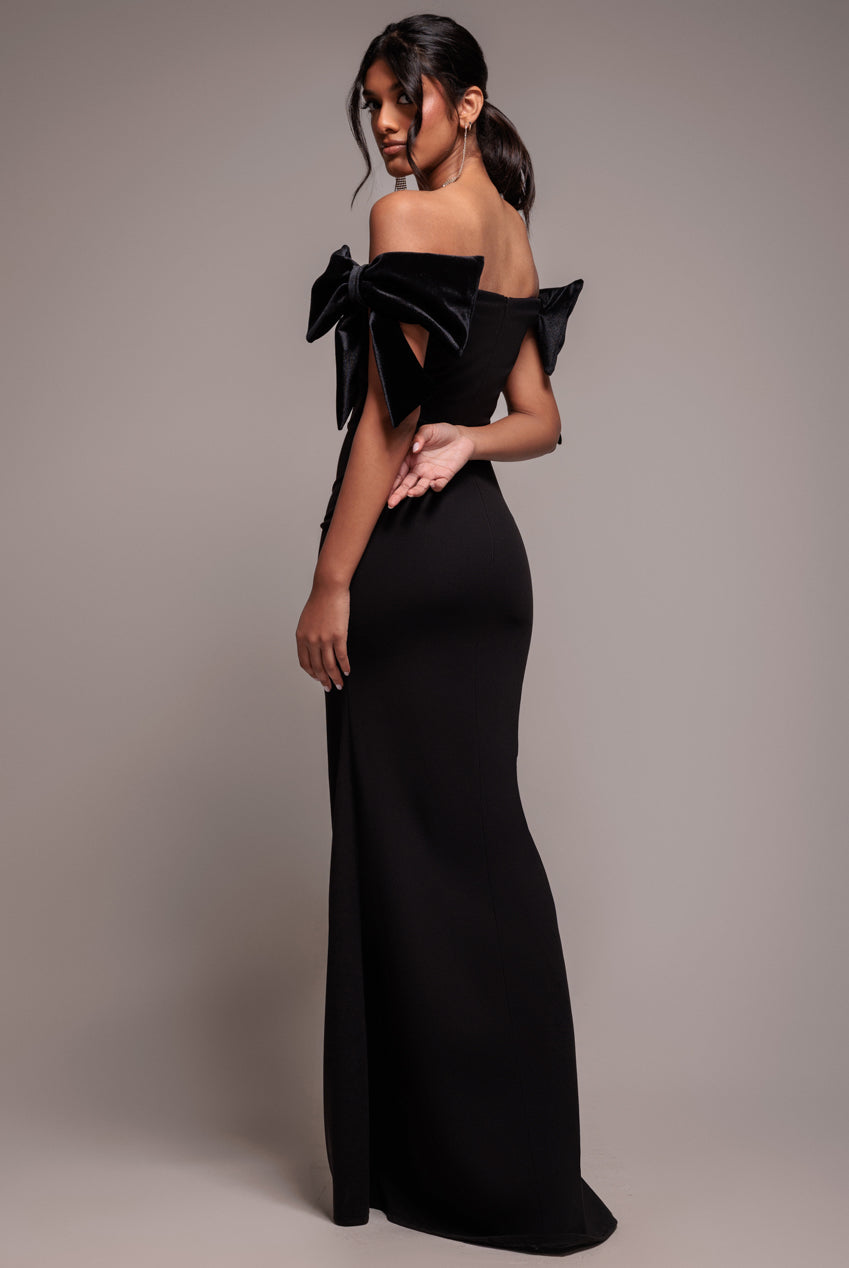 Goddiva Scuba Off The Shoulder Velvet Bow Maxi Dress - Black