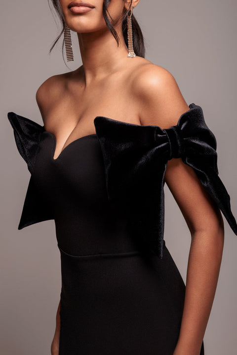 Goddiva Scuba Off The Shoulder Velvet Bow Maxi Dress - Black